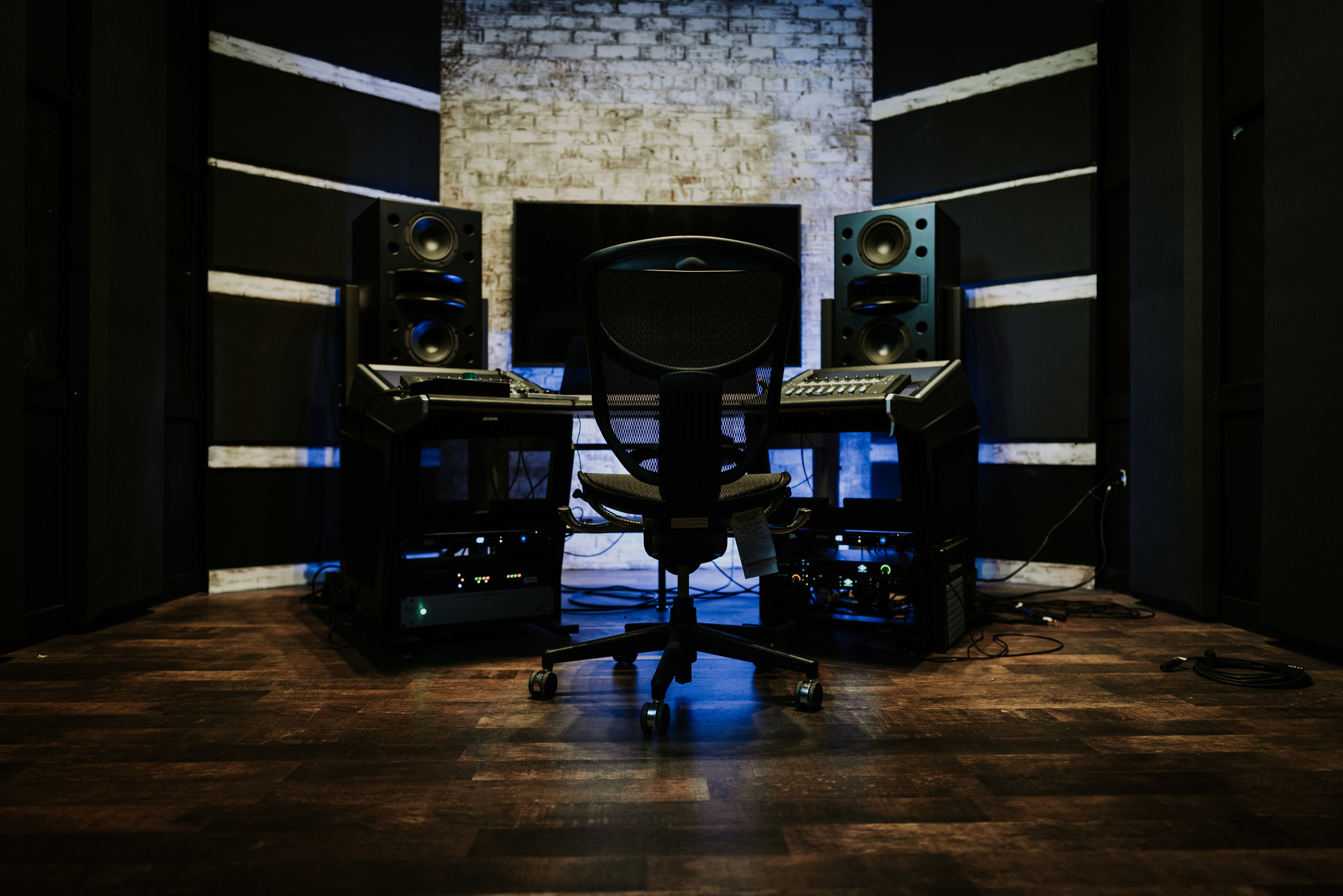 Studio B — acoustically treated mix room with near-field monitors